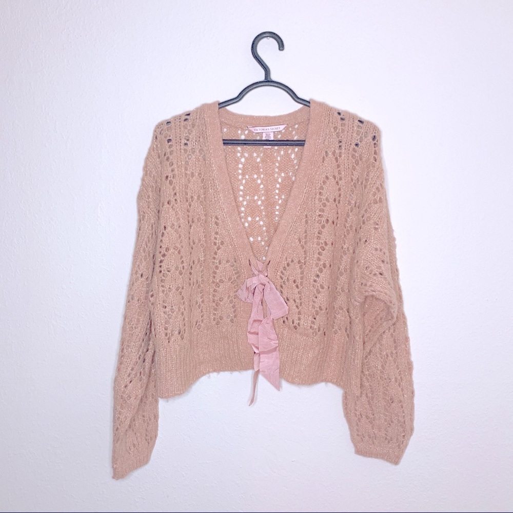 VICTORIAS SECRET blush colored knit tie front cardigan with sparkle